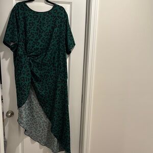 Shein Green Leopard Print Asymmetrical Faux Knot Shirt